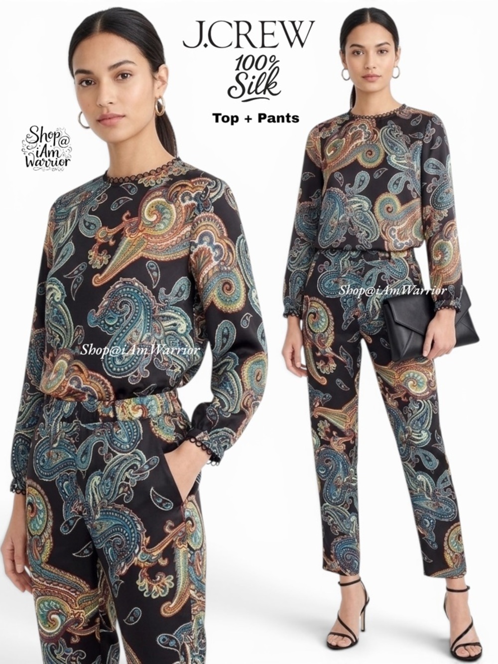 J.Crew 2 piece black silk paisley top + matching pull on pants *shop@iamwarrior